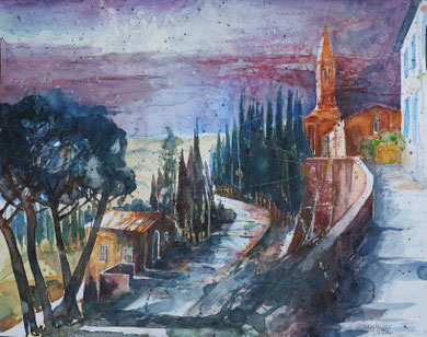 Toskana_Pienza, Stadtmauer mit Kirche_Aquarell 50x65 cm_7-2016