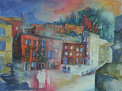 Toskana_Cetona - Piazza Garibaldi_Aquarell 50x65 cm_9-2016