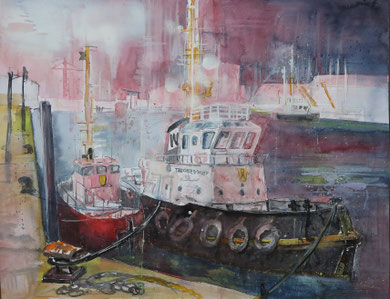 Cuxhaven_Hochseeschlepper im alten Fischereihafen_Aquarell 50x65cm_9-2018