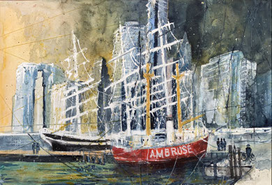 New York_ Pier 17, Museumshafen_ Mixed-Media Aquarell 38x56cm_4-2024