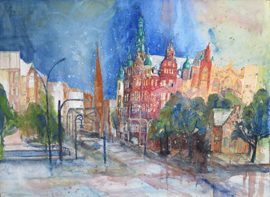 Hamburg_Am Sandtorkai in der Speicherstadt bei Regen_56x76 cm_10-2015