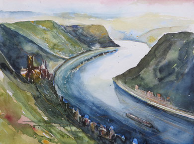 Mittelrhein_Burg Katz mit Loreley_ 36x48 cm