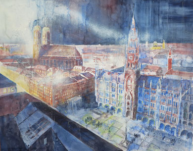 München_Marienplatz von der Peterskirche_Aquarell 50x65 cm_10-2018