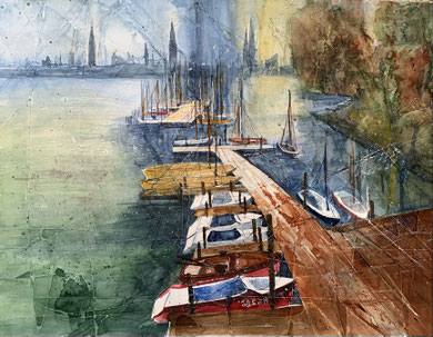 Hamburg_ Bodos Bootssteg an der Außenalster_ Aquarell 50x65cm_ 12-2021