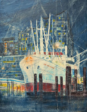 Hamburg_ Cap San Diego Mixed-Media Collage auf Leinwand 50x70 cm
