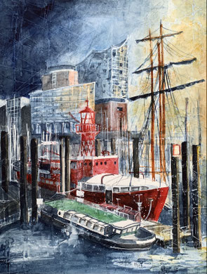 Hamburg_Feuerschiff vor der Elbphilharmonie_Aquarell 50x65cm_11-2021