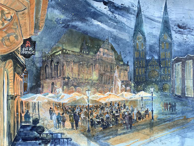 Bremen_Marktpatz zur blauen Stunde_Aquarell 50x65 cm_4-2020