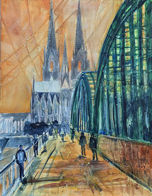 Köln_ Deutzer Brücke, Mixed-Media Aquarell 50x65cm_1-2024