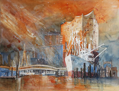 Hamburg_Elbphilharmonie mit Cap San Diego_Aquarell 50x65cm