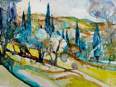 Toskana_Olivenbäume und Zypressen vor San Miniato_Toskana_36x48 cm