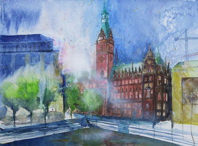 Hamburger Rathaus_Aquarell bei Regen pleinair entstanden_56x76 cm_9-2015