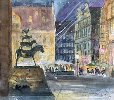 Bremen_ Stadtmusikanten_ Aquarell 38x42cm_9-2021
