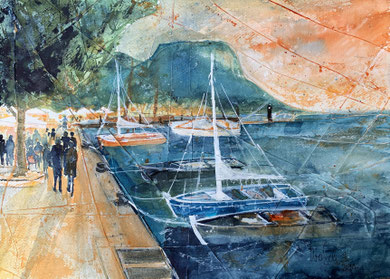 Gardasee_ Garda mit "La Rocca"_Mixed-Media Aquarell 30x42 cm_9-2024