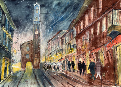 Montalcino_ Piazza dei Priori_ Mixed-Media Aquarell 38x56 cm_10-2024
