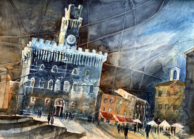 Toskana_ Montepulciano "Piazza Grande"_Mixed-Media Aquarell 50x65cm_2023