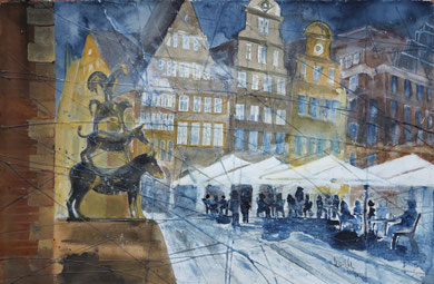 HB_Liebfrauen Kirchhof mit den Stadtmusikanten_Aquarell Acryl 38x56cm_2022