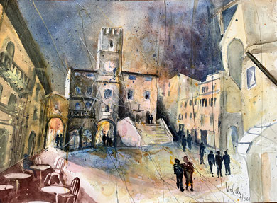 Cortona_ Piazza Republica _Mixed-Media Aquarell 35x48cm_1-2024