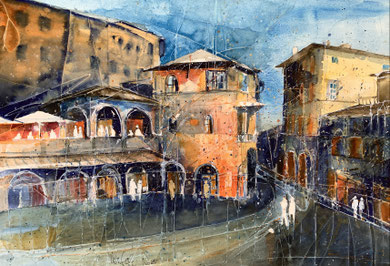 Cortona_ Piazza Republika 2_Mixed-Media Aquarell 36x52 cm_ 1-2025