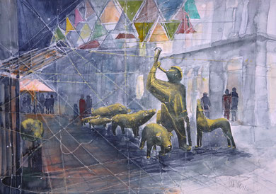 Bremen_ Die Schweine in der Sögestraße_ Aquarell 38x56cm 2023