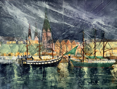 Bremen_die Alexander v. Humboldt und "Pankooke ship" an der Schlachte_Mixed-Media Aquarell 50x65cm_ 2023