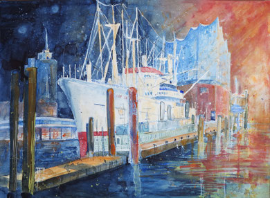 Hamburg_Cap San Diego mit Elbphilharmonie_Aquarell 50x65 cm 7-2019