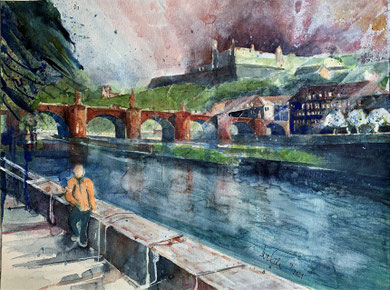 Würzburg, Alte Mainbrücke, Aquarell 36x48cm, 9/2021