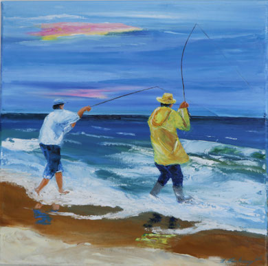 Angler in der Brandung 50 x 50, Öl 