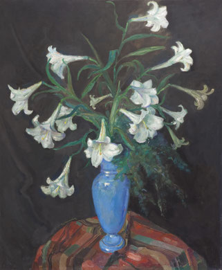 Blauwe vaas met witte lelies. Olieverf op doek met blad verzilverde lijst:160 x 135 cm