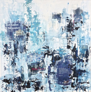 A.P.-MS0027 - Blauzeit - 2012 - Acrylmalerei und Zeitschriftenausschnitte in weißem Schattenfugenrahmen -107x107x3,5 cm (c) Palder, tOG-Düsseldorf