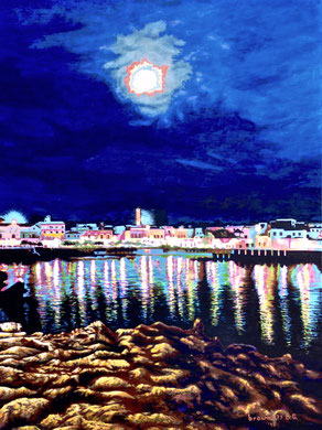 Night on the sea with lights and moon  Acrylic on canvas 60x80   2018 (Private collection)