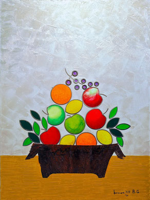 Cesto con frutta- Acrilico, acciaio e palma su tela 60x80 - 2014
