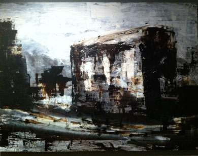 Acrylics, bitumen on canvas  100 x 100 cm           