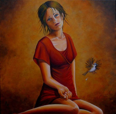 "Der Spatz in der Hand" 80 x 80 cm Acryl auf LW