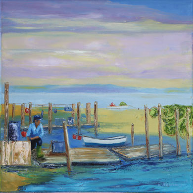 Fischer am Holm, 80 x 50 cm. Öl auf Leinwand