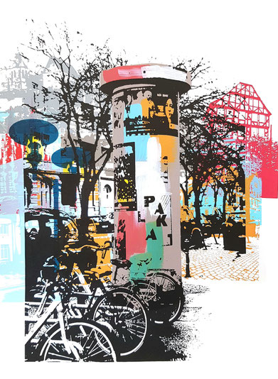 Litfaßsäule am Friedrichsplatz Marburg, Siebdruck und Mischtechnik auf Papier, 40x30cm, 2021, 500€