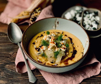 Polenta, Cremepolenta, cremige Polenta, Maisgries, Fenchel, geschmorter Fenchel, Kürbiszeit, Winterküche, vegetarisches Essen, vegetarisch kochen