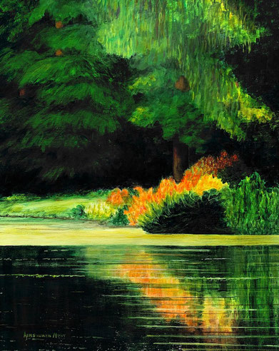 #forestreflections#water#canal#leidenuniverity#acryliconcanvas#originalacrylicpainting#green#orange#sunlight#gloriaainsworthartist#gloriamoutartist#ainsworthmoutairtist