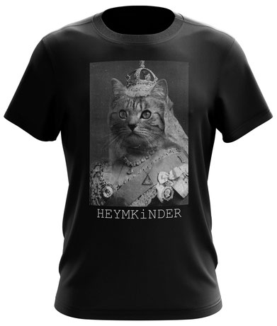 Schwarzes Herren T-Shirt mit weißer Katzen Queen als Motiv aus 100%Bio-Baumwolle von Heymkinder Erfurt