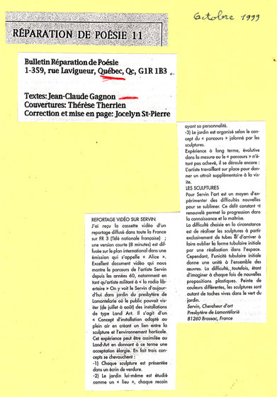 Réparation de Poésie signale le reportage sur  SERVIN par la TV nationale française