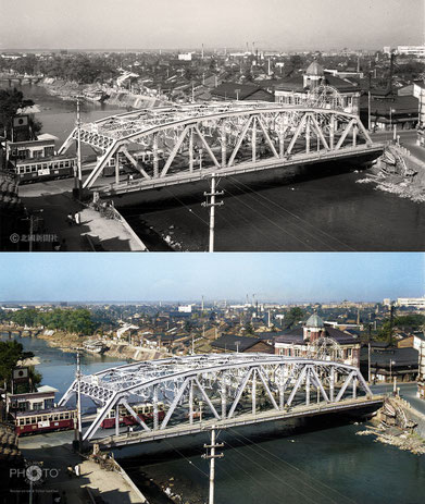 修復・色再現 作業前→作業後比較　1958（昭和33）年11月、金沢市の犀川（さいがわ）大橋