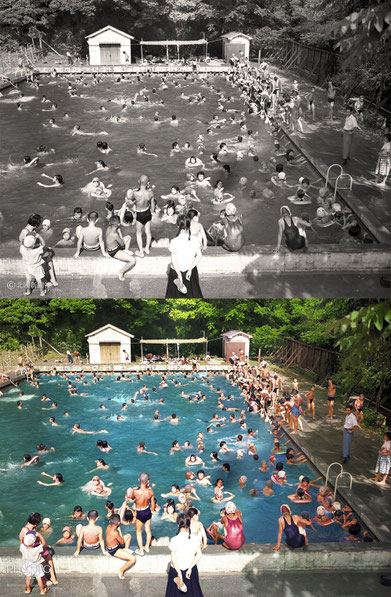 修復・色再現 作業前→作業後比較　1956（昭和31）年7月28日、金沢市本多町公園市民プール