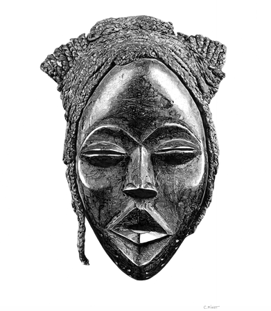 Collection Afrique Terre Rouge Masque traditionnel africain DAN Côte d'Ivoire dessin crayon noir et blanc réaliste artiste Atelier Capucine Minot
