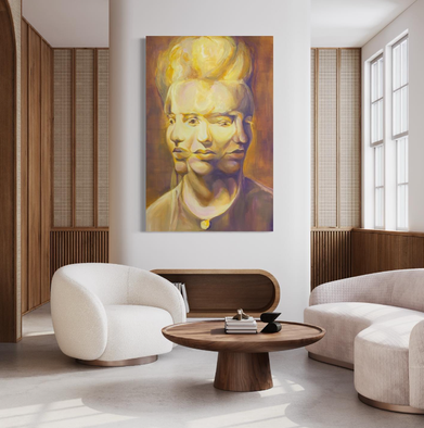 Groot olieverfschilderij tegen blauwe muur in kamer met visgraatvloer en rieten stoel