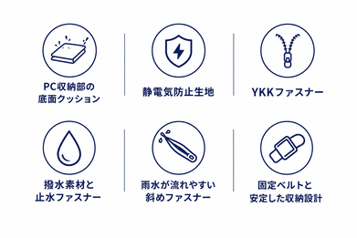 PC収納部の底面クッションや静電気防止生地などETUBYビジネスバッグの保護性能を示すアイコン一覧