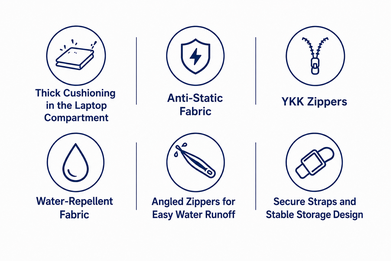 ETUBY laptop bag protection features including thick cushioning, anti-static fabric, YKK® zippers, water-repellent materials, and secure laptop storage.