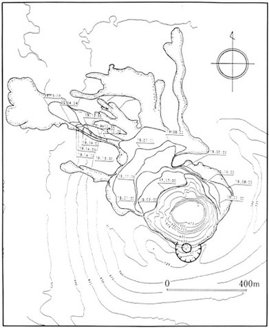 山頂噴火による熔岩流の流下過程の図