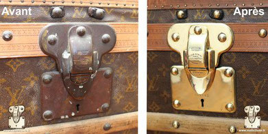 before after restoration of vuitton trunk shiny polished brass