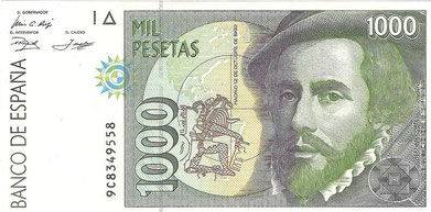 1000 pesetas,papal moneda, de España, peseta,Hernán Cortés, Moctezuma, Francisco Pizarro.