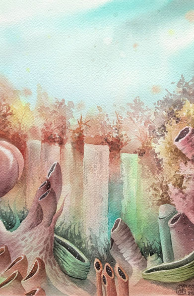 Aquarellbild "Magischer Wasserfall": Pastelliger Wasserfall in pastelliger Korallenumgebung im Wald