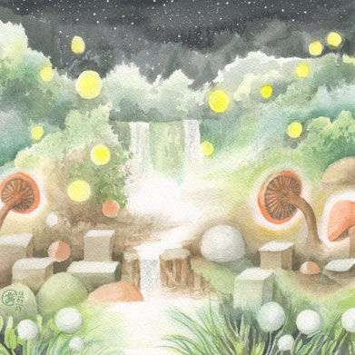 Aquarellbild "Wasserfall im Zwielicht": orangefarbene Pilze umrahmen eine Wasserfallszene im Zwielicht, gelbe Glühbällchen schweben nach oben, sternenklare Nacht